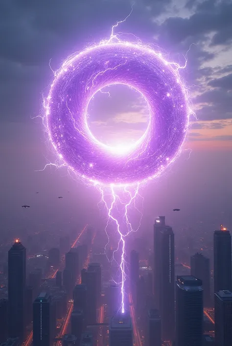 Generate an image of a purple international portal in the sky above a futuristic city 