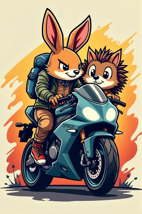 Crée un logo avec un lapin qui a des pinces à la place des pattes et un hérisson. Leur passion la Moto. Il forme un équipe qui s’appelle « Blockpass x Ottopuntouno »