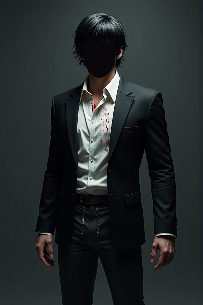  Make me a roblox-inspired profile picture with black hair, masculine, invisible face, white blouse with blood , black jacket,   dark gray pants with details on the side , beautiful.