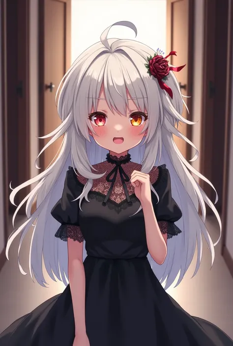 Open door background with corridors anime style MY ACADEMIC HERO wears a dress with lace on the neck and sleeves with lace. Black and the dress black, shiny white hair, long and messy eyes, one red and the other yellow, happy expression and open mouth 