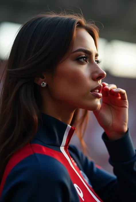 Supportrice de Paris saint germain avec un gros nez et se positionnant de profil . C’est une femme très belle qui se gratte le nez et qui a un percing au nez