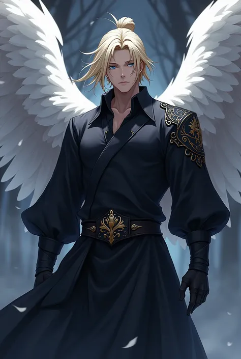 An anime man with medium blond hair that he tie them back  and blue eyes has white wings dark clothes big clothes and muscular 