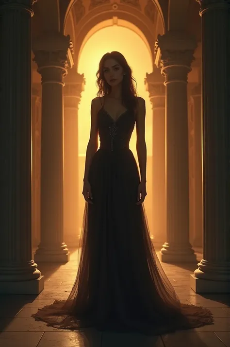 Woman in dress,  full body, Dark image, Warm light in the background,  classical architecture  