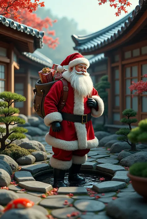 Draw Santa Claus coming out of the well of an old Japanese folk house