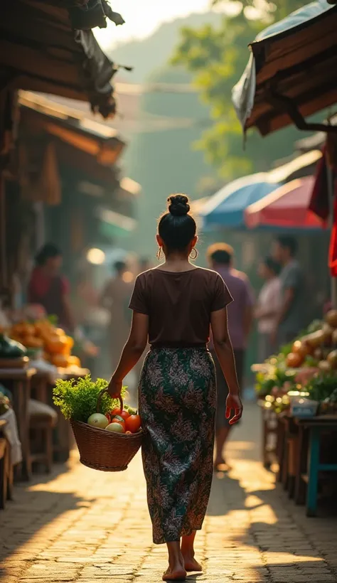 Document a Javanese Indonesian mother dressed in typical Javanese daily clothes, her hair in a bun carrying a basket of fresh vegetables to the market. The background is the bustling traditional market. Use a low perspective to highlight the path she walks...