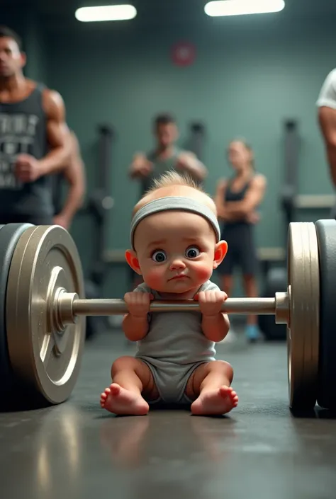 1. Baby Lifting Real Weights: A wide-eyed baby sits on a gym floor, gripping a comically oversized barbell with bright metallic plates on either end. Their small hands barely wrap around the bar, and their face is scrunched up in a hilariously intense expr...