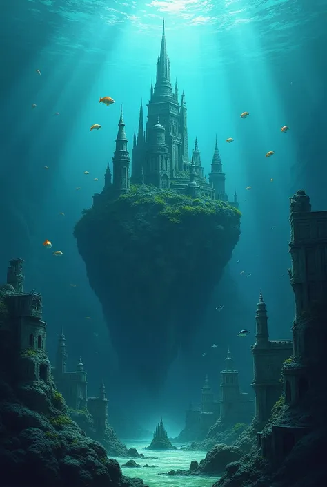 
The image appears to be an underwater ancient city Atlantis scene. It shows a large ancient city Atlantis underwater. The buildings are of different sizes and shapes, with some taller and some shorter. There are also a few fish swimming around the cliff. ...