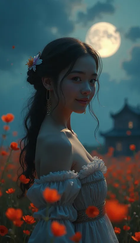 "A single beautiful young woman in a flowery meadow at night, captured in a bust shot. She has finely detailed, expressive eyes and an intricate face, smiling softly. Her outfit includes an elaborate, intricate skirt that flows naturally, surrounded by fly...