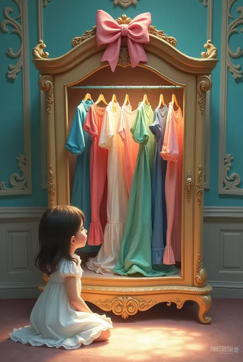 Make an image of a brown wardrobe that is magical , with a pink bow on top and tops  , pants and skirts inside the closet,  with a woman sitting on the floor watching clothes  , shes wearing a white dress  