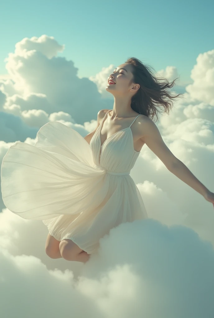 masterpiece, best quality, movie still, 1girl, floating in the sky, cloud girl, cloud, (close-up:1.1), bright, happy, fun, soft lighting, naked, (Bauhaus, shapes, lines, abstract:1.1)