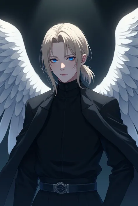 An anime man with medium blond hair that he tie them back  and blue eyes has white wings dark clothes 
