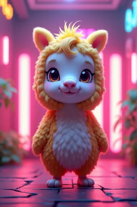 Un lama en 3D stylisé anime, portant un déguisement dun autre animal, comme un lion ou un tigre, avec des détails vivants et réalistes. Le lama, tout en gardant son aspect mignon et doux, adopte une pose fièrement et amusante, exhibant son costume danimal ...