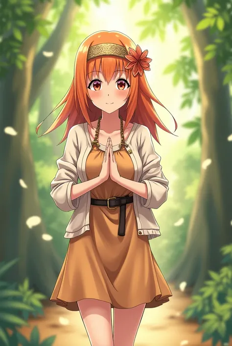  anime Asuna Yuuki She has orange hair  ,  orange eyes ,   she is wearing a headband with a hippie flower  ,   a hippie dress with a belt and a white cardigan. She does yoga while standing 