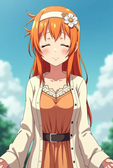 Anime Asuna Yuuki Soe has orange hair  ,  orange eyes ,   she is wearing a headband with a hippie flower  ,   a hippie dress with a belt and a white cardigan. She meditates while standing and closes her eyes