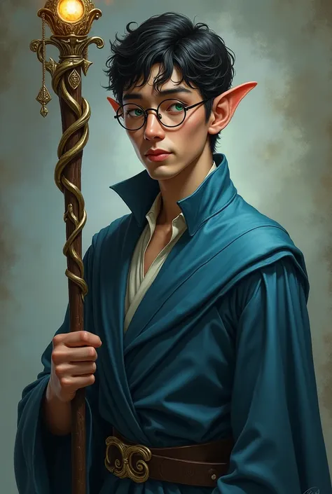 create the image of a realistic man with short curly black hair, with elf ears,  green eyes, wearing a blue tunic , wearing round prescription glasses, holding a staff