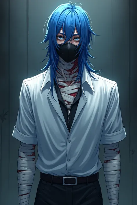 a 19 year old man, has 1,95 tall,  wears a white shirt and a black blouse with an open zipper on top , She has long blue hair , Wear bandages up to the forearms and a mask that completely covers your face because your face and body are disfigured.  anime s...