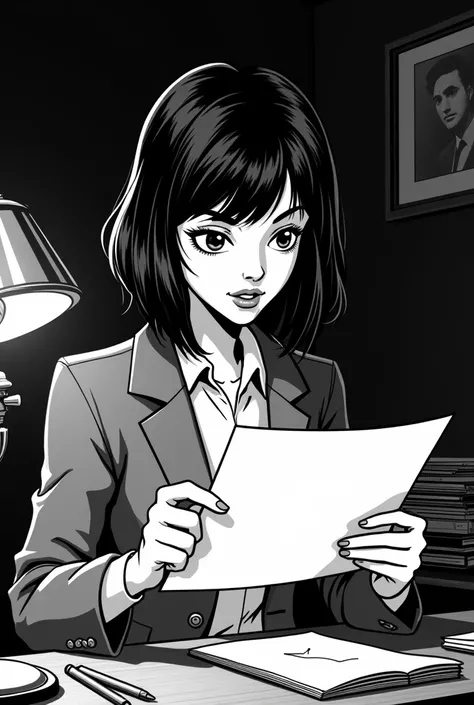 Play Sofia the detective reading an anonymous letter in black and white comic style