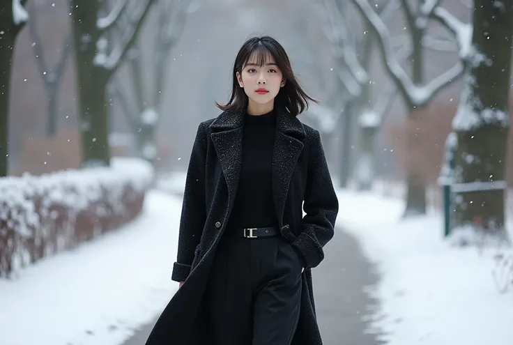  Beautiful Korean woman in her 50s wearing a luxury cashmere black coat and sweater at the park walking along the park path in the snow.  casual pants with bangs back  .  Realistic beauty in her 50s wearing a down jacket  .  A realistic beautiful Korean wo...