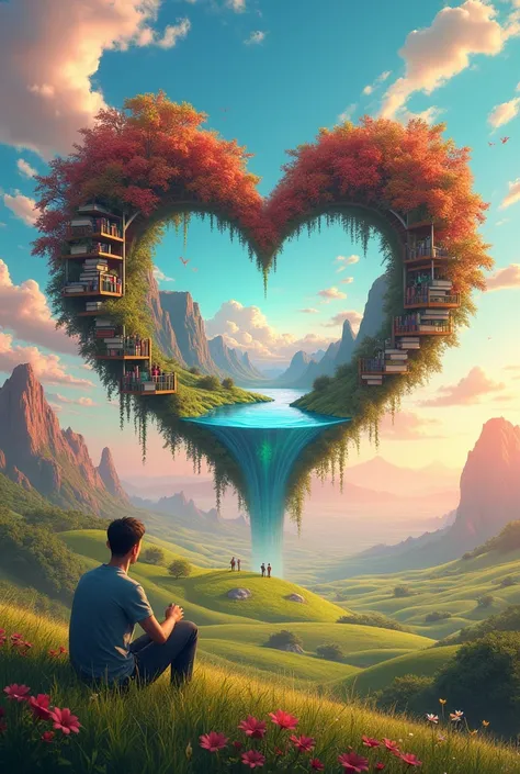 
"The landscape is a Huge shape of a beautifull red heart with an enchanting library within. Inside the heart The scene begins with a morning sky painted in soft, rose-like hues, blending with the scent of fresh-cut grass that spreads across an endless fie...