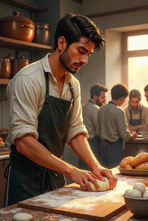 A young man who is working in a bakery and behind him are people talking about a topic that will change history 