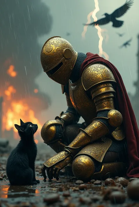 A man in heavy, intricate knights armor, adorned with art nouveau inspired patterns and symbols, kneeling in front of a black kitten soaking wet from the rain. The armor covers his entire body including his large, intricately decorated, gold art nouveau do...