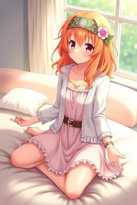  Anime Asuna Yuuki Soe has orange hair ,  orange eyes ,   she is wearing a headband with a hippie flower  ,   a hippie dress with a belt and a white cardigan. She meditates on bed and smiles 