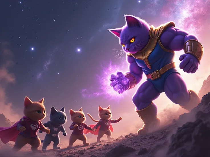 Thanos kitten vs Avengers kittens fighting in space 