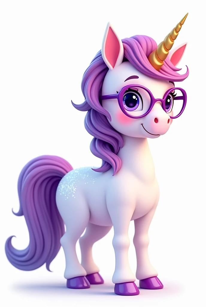 A radiant unicorn with a shimmering white coat that gleams softly in the light, standing proudly on a clean white background. Her flowing mane is a mix of purple and pink, sparkling subtly as if infused with magic. She wears a pair of bright purple glasses...