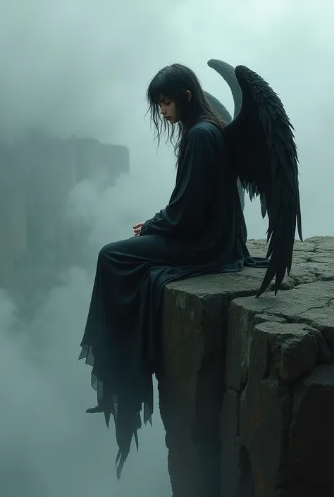  Image of a young fallen male angel with black wings, long hair,wearing black dresses , sitting on the edge of a cliff  