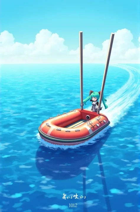 Inflatable boat in the sea with two erect rods behind and with a motor and with Hatsune Miku mounted