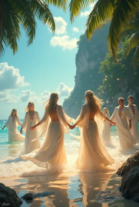 Create a fantasy landscape of a group of magical beings dancing celebrating the summer solstice on a paradisiacal beach