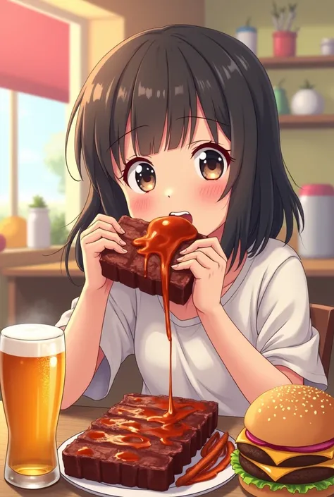  A young teenager-looking girl,  eating BBQ ribs ,  a hamburger and a beer .  With a tender cartoon drawing style, similar to anime . With a cheerful and dynamic background  