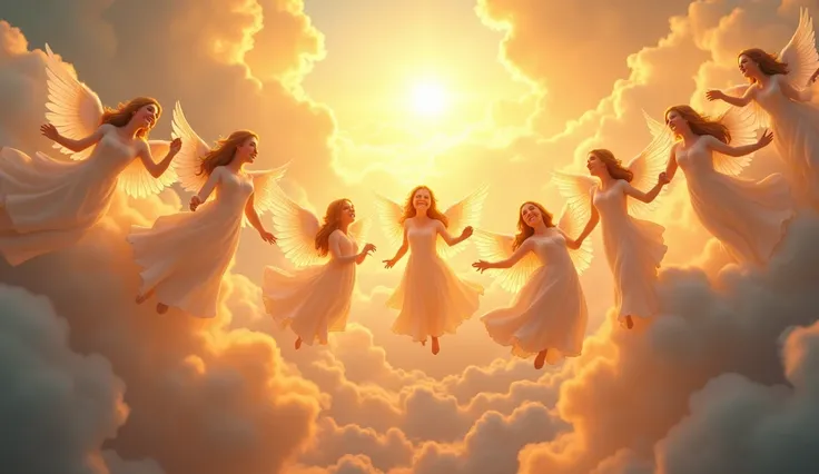 A vibrant heavenly scene with radiant clouds, golden light, and countless joyful angels singing and smiling, floating in a peaceful, divine atmosphere.