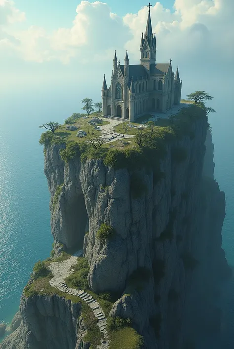 Church on top of rock with and cemetery behind and sea in the background 