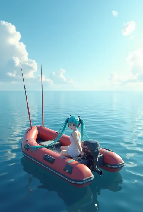 Inflatable boat in the sea with two erect rods behind and with a motor and with Hatsune Miku mounted realistic style