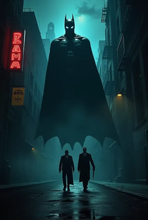 Batman Live Action poster. Takes place in Gotham. Two criminals are looking around with guns in their hands. But we see above them, is the black silhouette of Batman with glowing white eyes. 