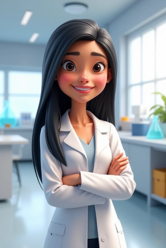 Create a Pixar-style cartoon of a chemical engineer in a closed white coat.  black hair,  Long and straight . smiling. With the hair line in the middle. without glasses. without earrings. with straight hair. with attitude. Tes Trigueña .