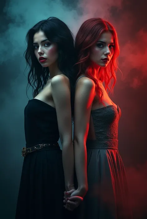  So make me a book cover for my story “Dark Desire - A Dangerous Connection” so there should be 2 women standing back to back, But hold hands .  One looks like a demon ,  has brown hair and the other also has brown hair but looks like an angel do you under...