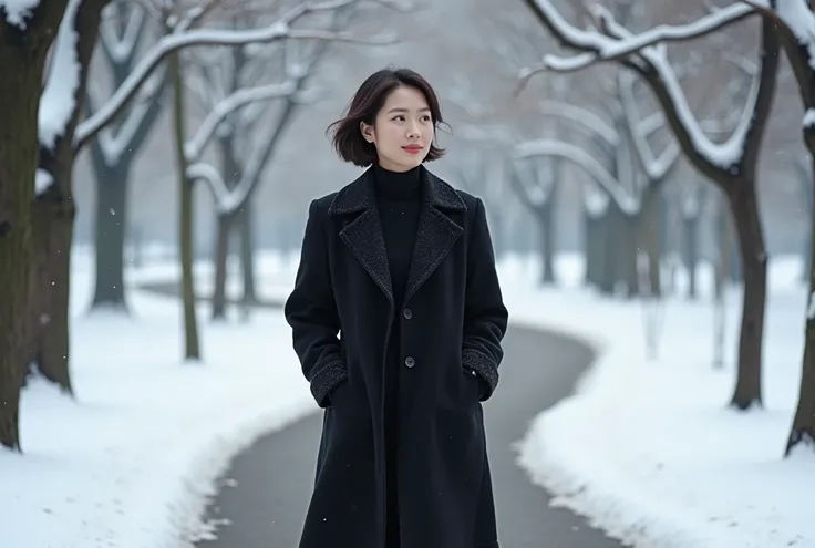  A beautiful Korean woman in her 50s . I wore a luxury cashmere black coat and sweater at the park.  Realistic beauty in her 50s wearing a down jacket  .  A realistic beautiful Korean woman in her 50s wearing a down jacket .  Snow blowing in the wind  . Lo...