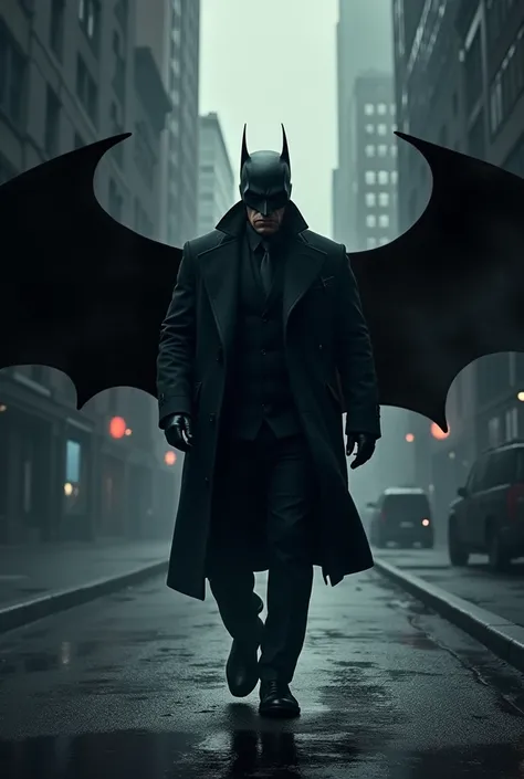 Batman Live Action poster. Takes place in Gotham. We see the very dark and black silhouette of a well dressed man walking the streets of Gotham. He’s rather tall, and wearing a coat. Behind him, is Batman’s emblem. Written across it reads: “Batman:Knight o...