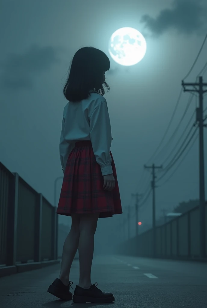 Realistic photograph of a  old Japanese teenage girl wearing an unbuttoned white shirt, red plaid skirt, black pantyhose, black low heels and black trainers. Point of view from the ground and the girl is seen with her back turned. Its a rather foggy night ...