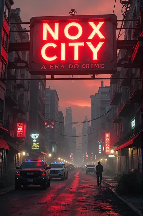 Create a city background and a title like a sign called "Nox City a era do crime"