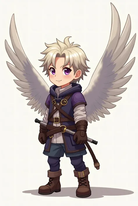 A cute boy, not too tall , wearing a witchers clothing , With owl wings, with white color and some touches of purple and maintaining the appearance of a human adolescent, not very detailed (And in 2D anime-style )