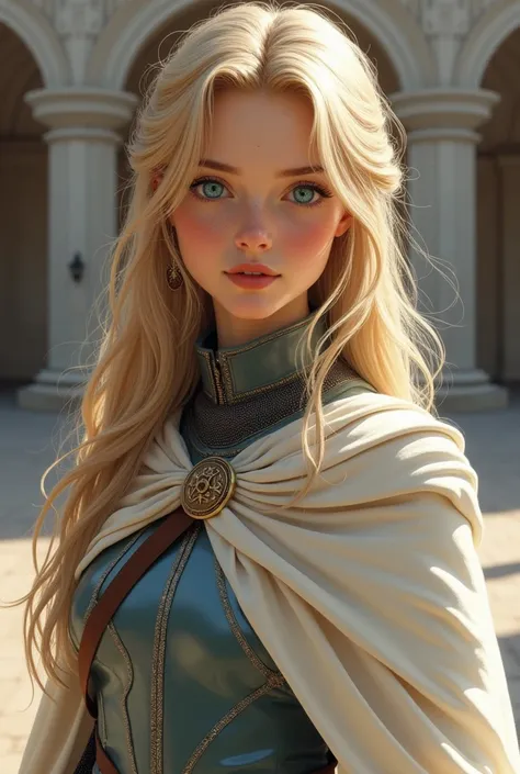 Girl light wheat hair, blue eyes, long hair, soft pencil drawing, realistic art, pastel colors of drawing, knight girl, standing full-length on the palace square, dressed in heavy protazan, deep shadows, aesthetically pleasing, beautiful, 16k, eye and face...