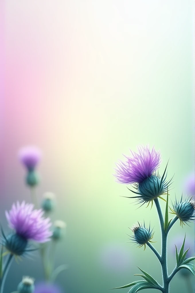 Image 18 cm wide by 5 long ,  gradient in pink with green and white in the center ,  with milk thistle flowers on the back right