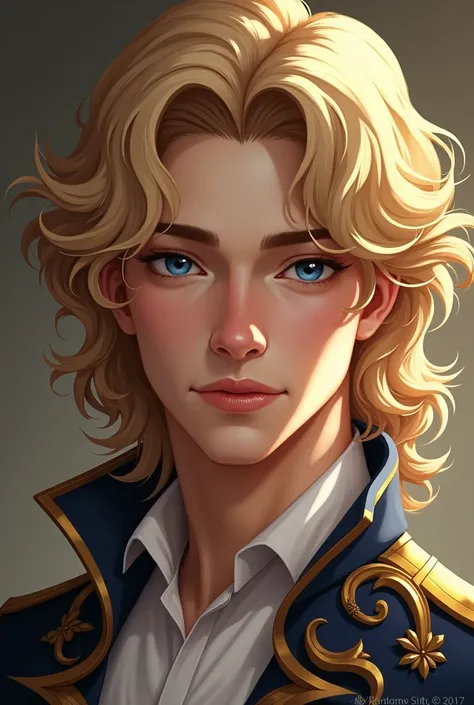 A handsome prince with long curly blond hair and blue eyes, With pale skin , Beardless with a lot of charm and very elegant 