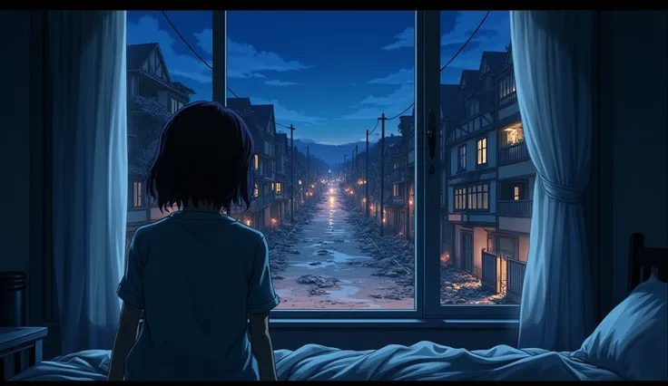  watching from a bedroom window at night, The street from your destroyed house anime style 