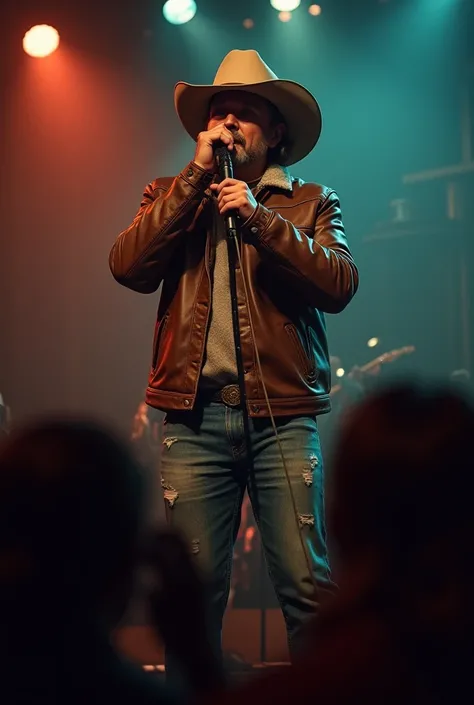 Create a model of a singer in a cowboy hat brown leather jacket singing into the microphone on the stage