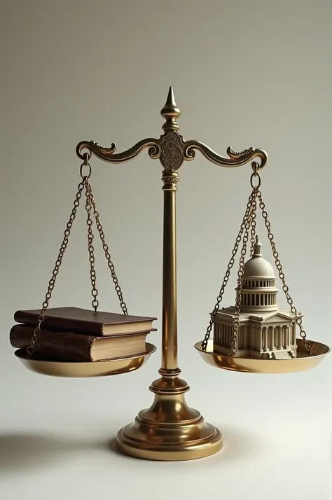 A scale with a book on one side and a government building on the other side 
