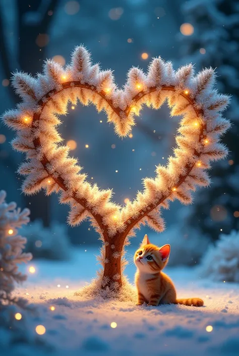 A chrismas tree decorated in the shape of the sparkling glittery heart, bright and filled with magic, an extremely cute  cats is under the tree, the landscape is magical, filled with lights and snowy